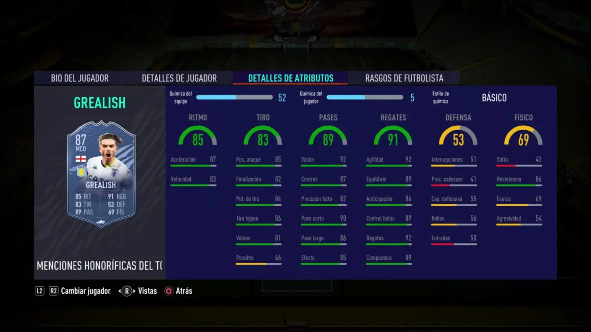 Stats in game de Jack Grealish TOTY Honorífico. FIFA 21 Ultimate Team