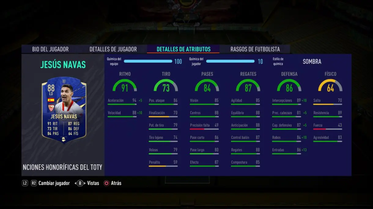 Jesús Navas TOTY Honorífico stats in game FIFA 21 Ultimate Team