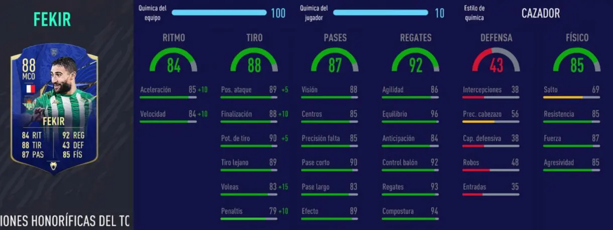 FIFA 21 Ultimate Team plantilla top para FUT Champions y Division Rivals. Stats in game de Fekir TOTY Honorífico