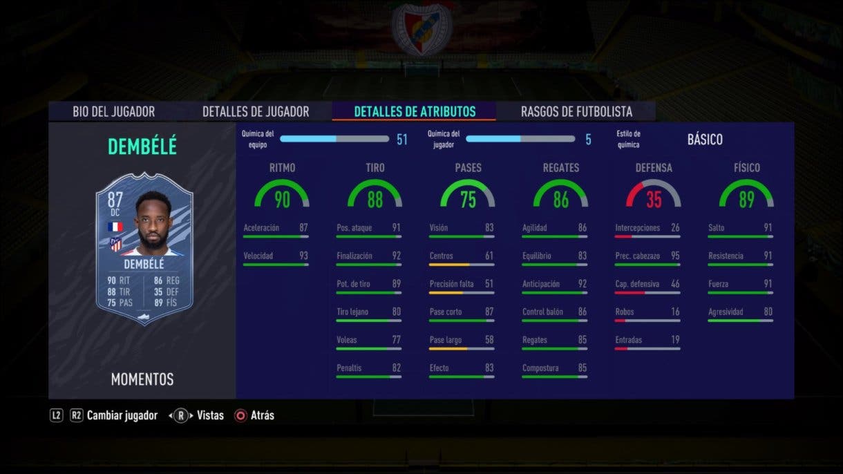 Stats in game de Moussa Dembélé Moments. FIFA 21 Ultimate Team