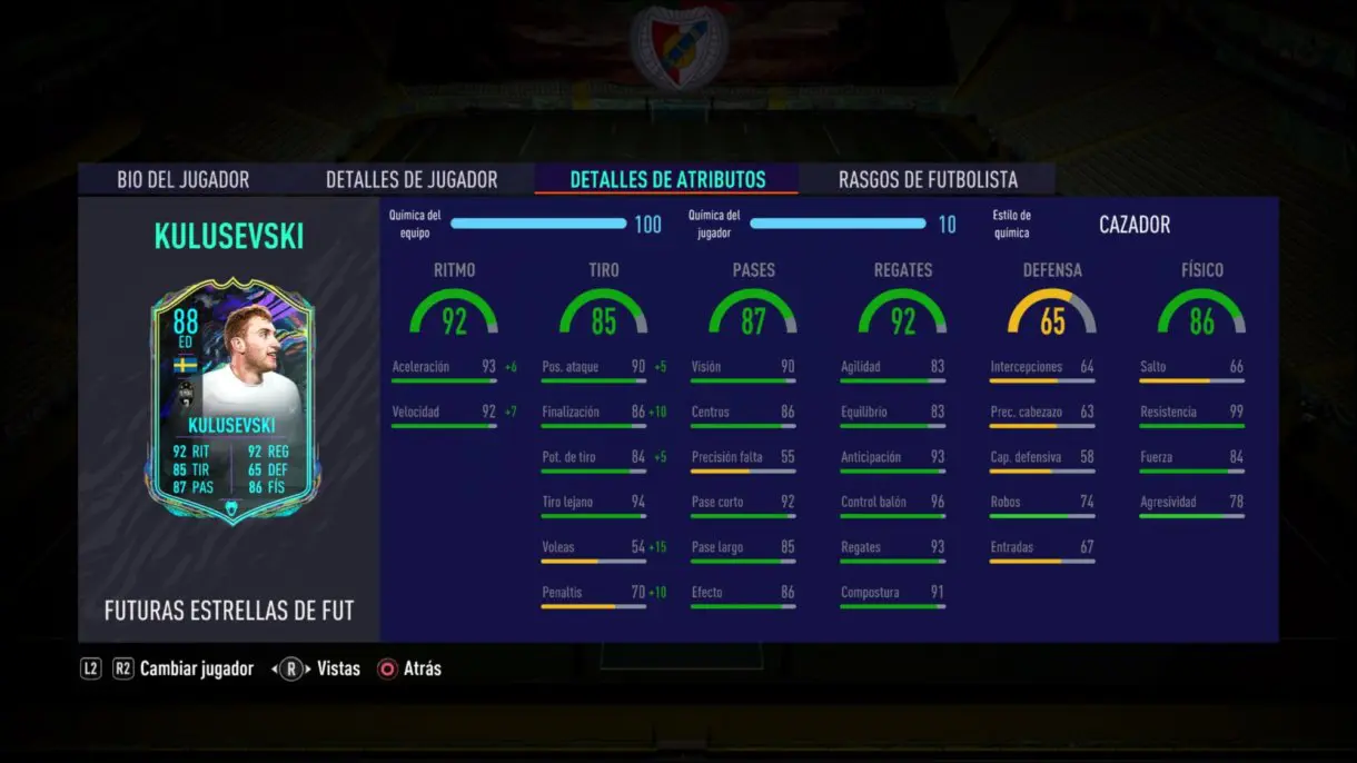Stats in game de Kulusevski Future Stars. FIFA 21 Ultimate Team