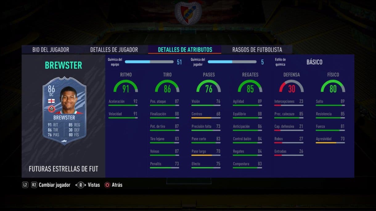 Stats in game de Brewster Future Stars. FIFA 21 Ultimate Team