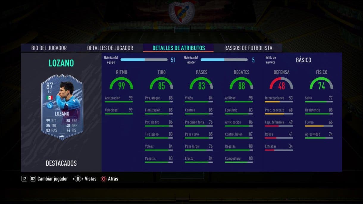 FIFA 21 Ultimate Team. Stats in game de Lozano SIF