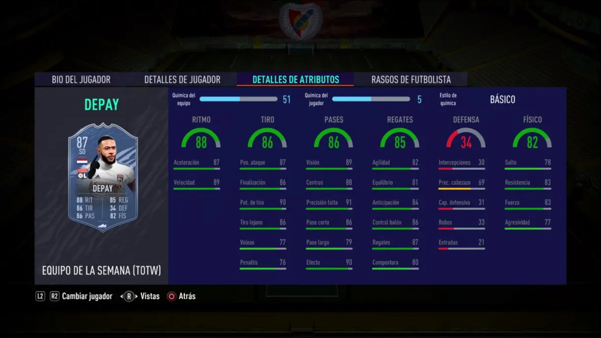 FIFA 21 Ultimate Team. Stats in game de Depay SIF