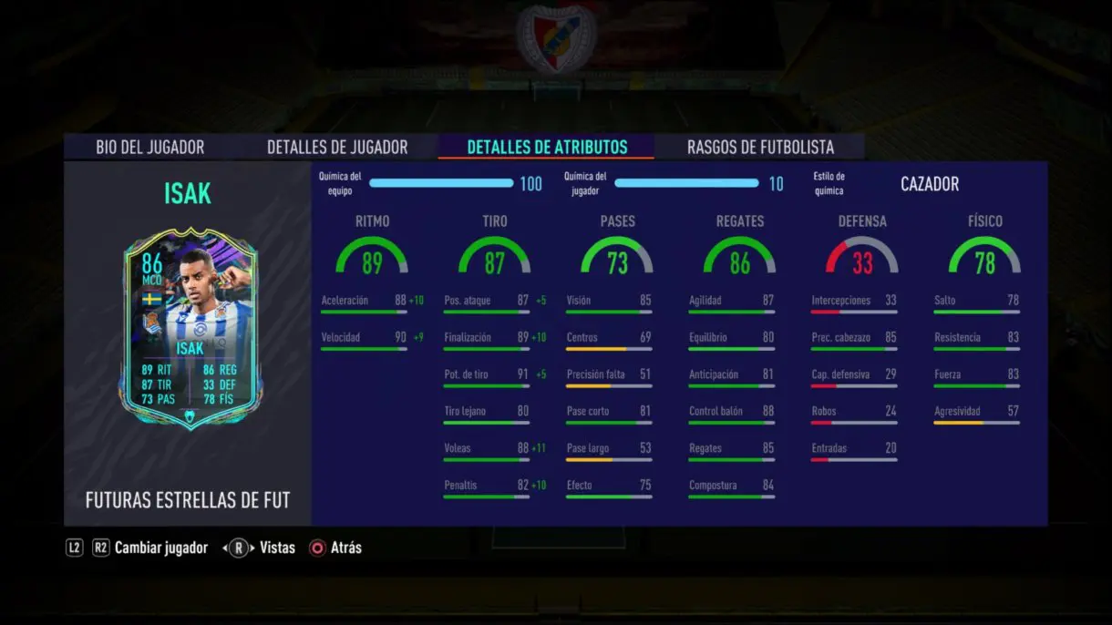 Stats in game de Alexander Isak Future Stars. FIFA 21 Ultimate Team
