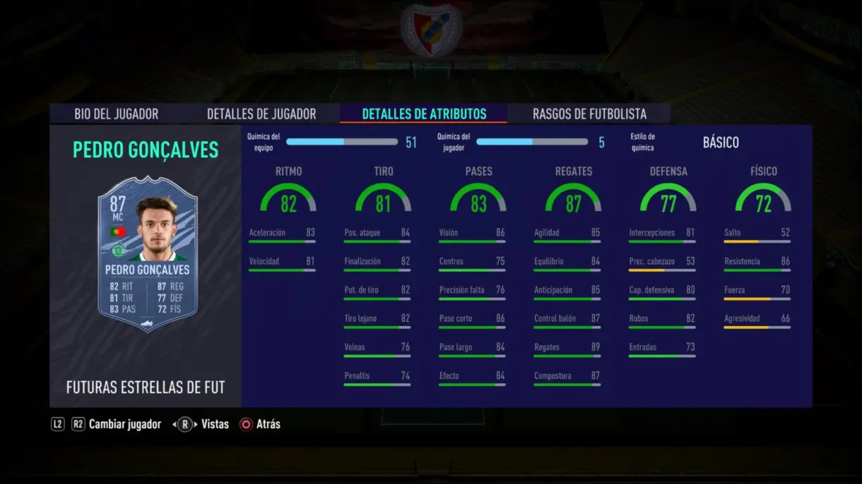 Stats in game de Pedro Goncalves Future Stars como mediocentro. FIFA 21 Ulitmate Team
