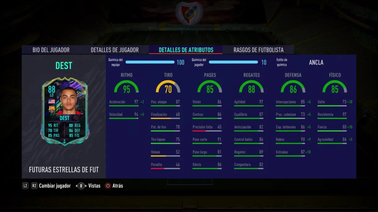 Stats in game de Dest Future Stars. FIFA 21 Ultimate Team
