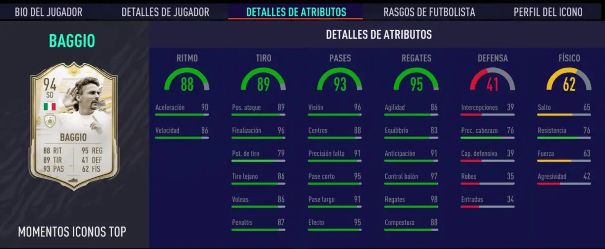 FIFA 21 Ultimate Team Baggio Moments stats in game Icon Swaps segunda tanda.