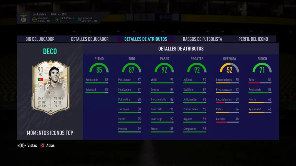 Stats in game de Deco Moments. FIFA 21 Ultimate Team Icon Swaps segunda tanda