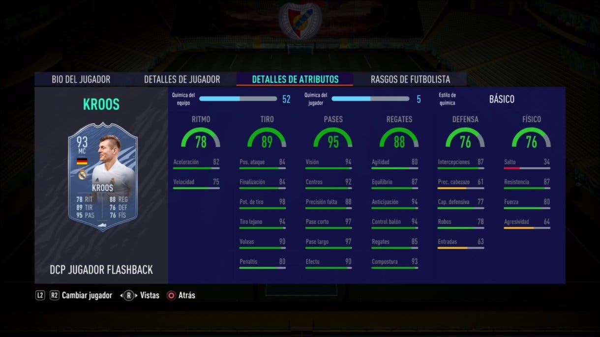 Stats in game de Toni Kroos Flashhack. FIFA 21 Ultimate Team