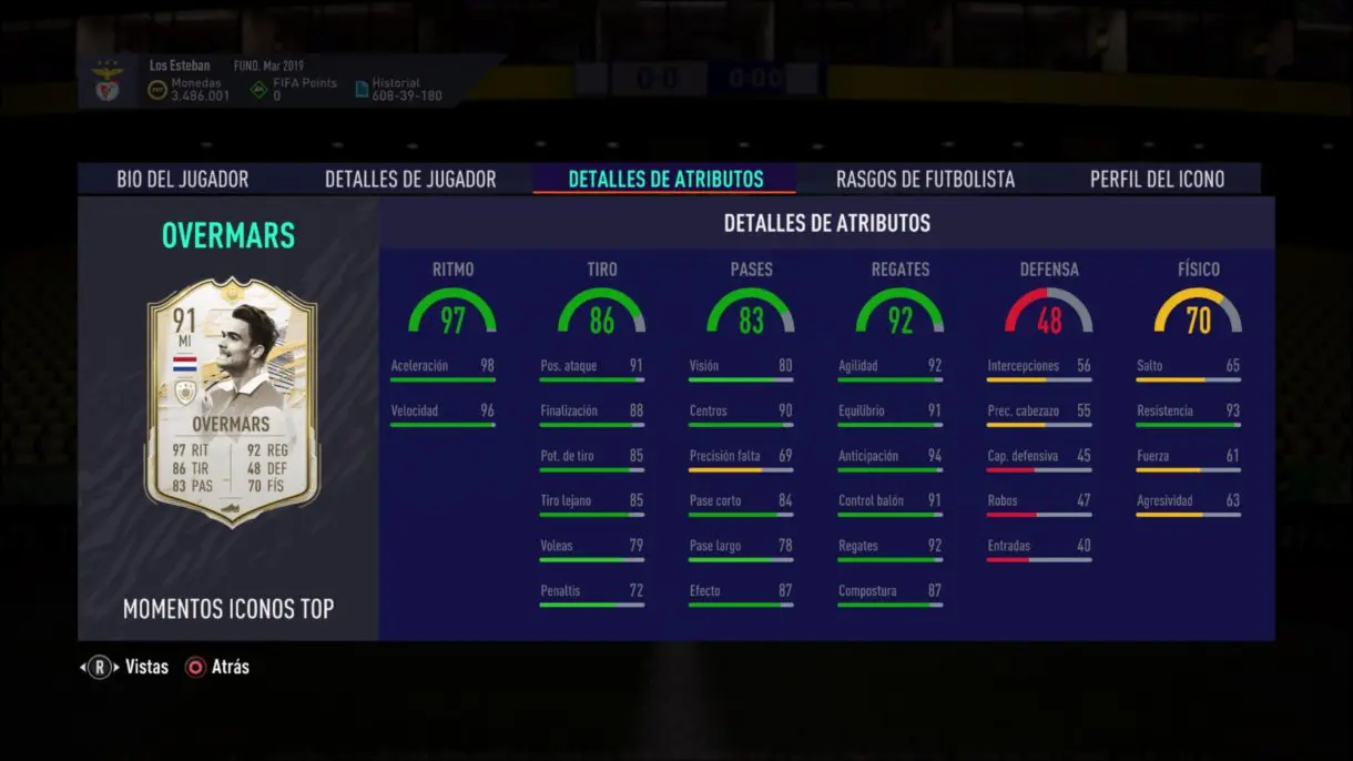 Stats in game de Overmars Moments. FIFA 21 Ultimate Team Icon Swaps segunda tanda