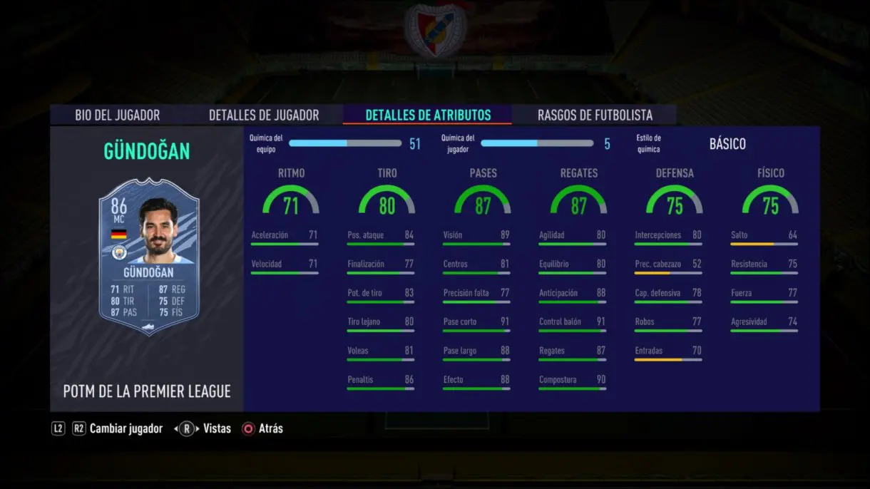 Stats in game de Gündogan POTM. FIFA 21 Ultimate Team