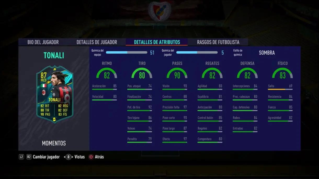 Stats in game de Sandro Tonali Moments. FIFA 21 Ultimate Team