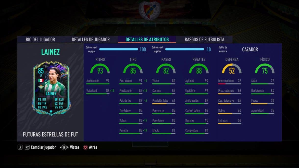 Stats in game de Diego Lainez Future Stars FIFA 21 Ultimate Team