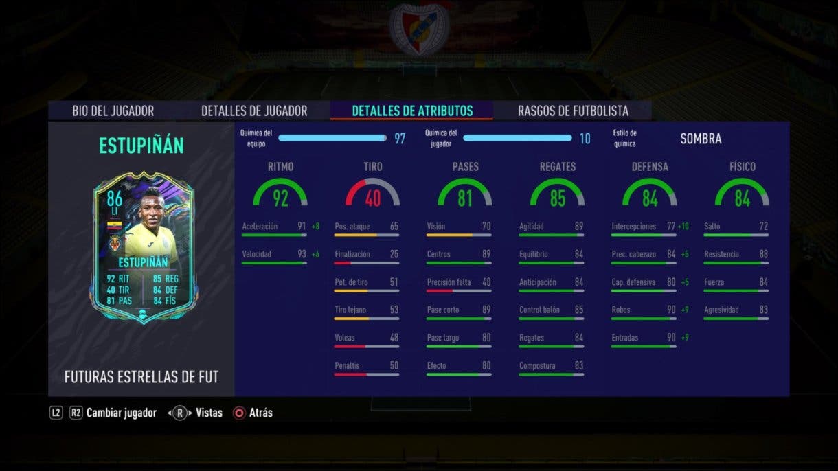Stats in game de Estupiñán Future Stars. FIFA 21 Ultimate Team.