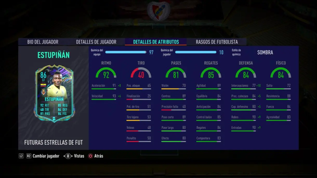 Stats in game de Estupiñán Future Stars. FIFA 21 Ultimate Team.