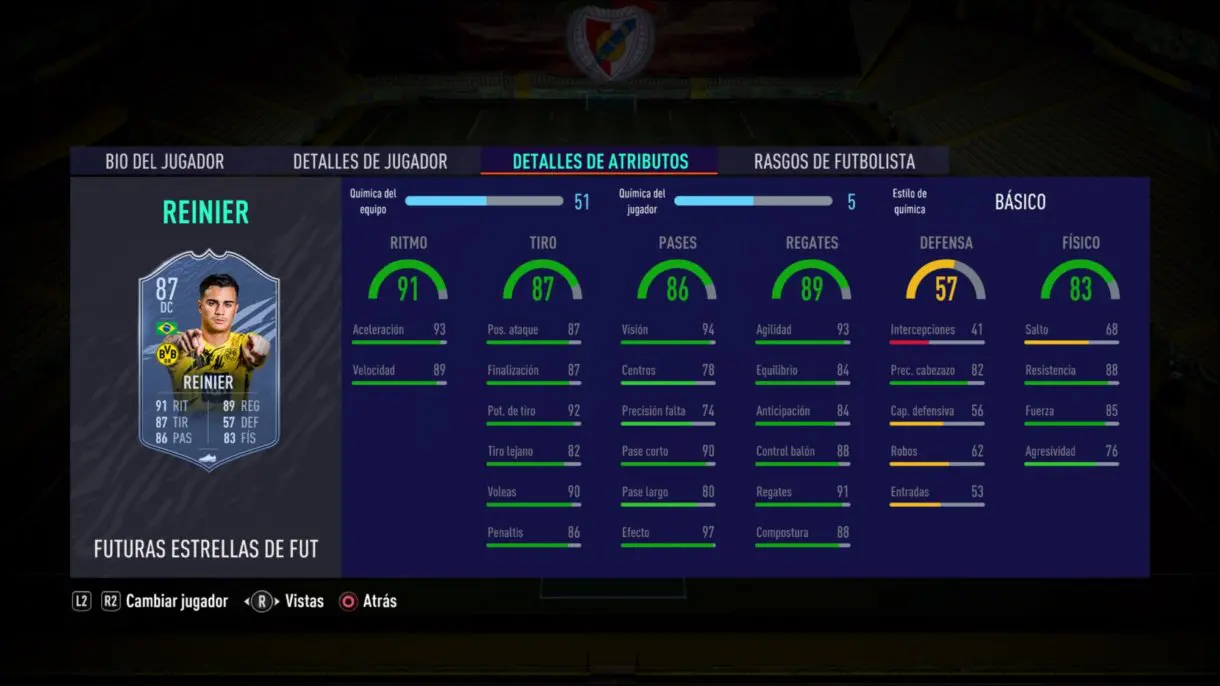 Stats in game de Reinier Future Stars. FIFA 21 Ultimate Team