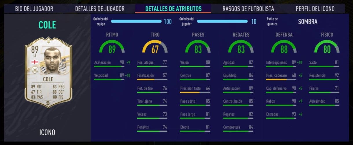 FIFA 21 Ultimate Team Cole Prime stats in game