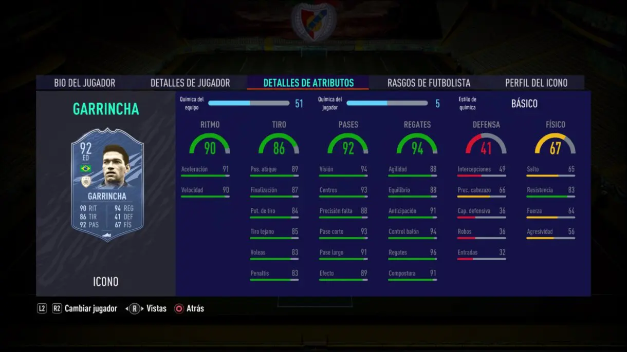 Stats in game de Garrincha Medio. FIFA 21 Ultimate Team. Iconos que nos encantaría ver en la segunda tanda de Icon Swaps.