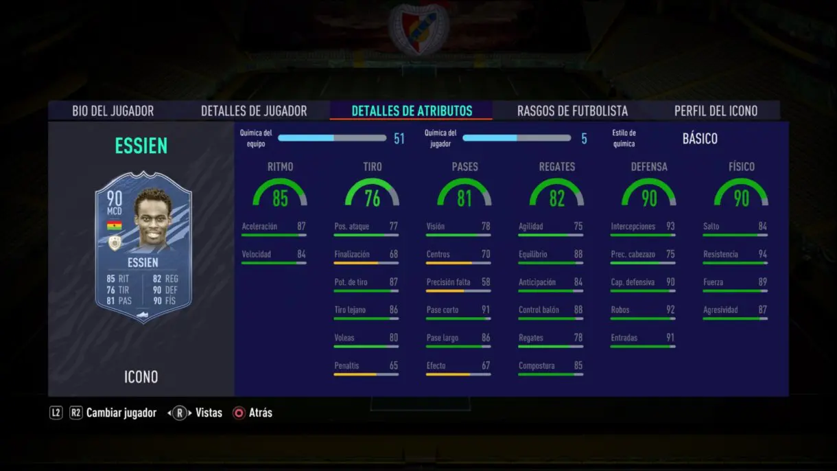 Stats in game de Essien Prime. FIFA 21 Ultimate Team. Iconos que nos encantaría ver en la segunda tanda de Icon Swaps.
