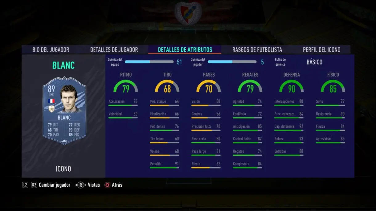 Stats in game de Blanc Medio. FIFA 21 Ultimate Team. Iconos que nos encantaría ver en la segunda tanda de Icon Swaps.