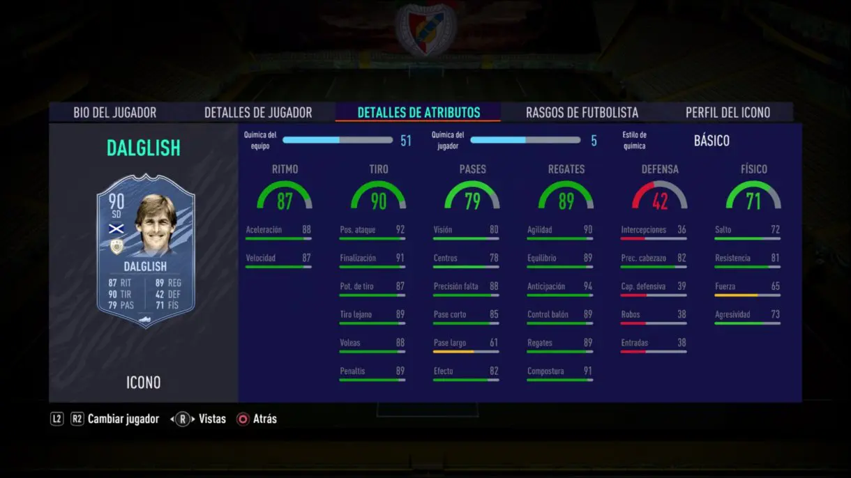 Stats in game de Dalglish Medio. FIFA 21 Ultimate Team. Iconos que nos encantaría ver en la segunda tanda de Icon Swaps.
