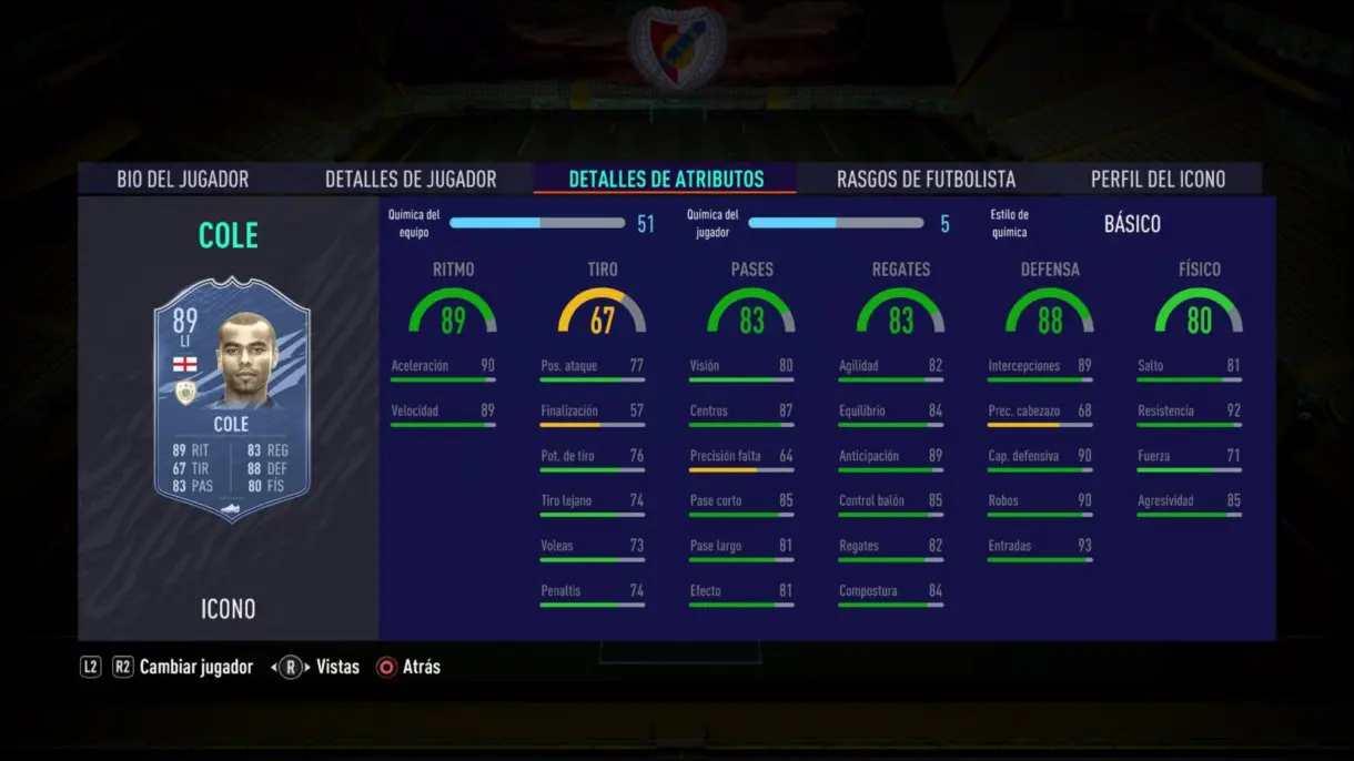 Stats in game de Cole Prime. FIFA 21 Ultimate Team. Iconos que nos encantaría ver en la segunda tanda de Icon Swaps.