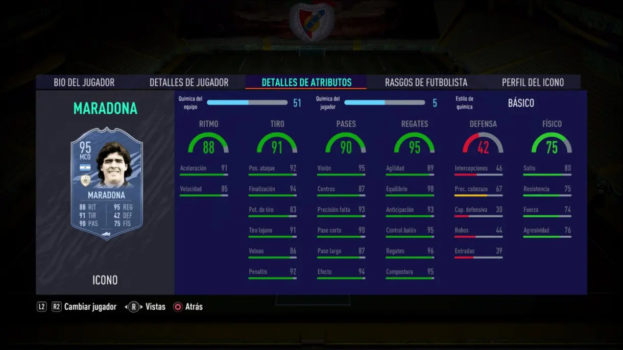 FIFA 21 Ultimate Team Iconos que nos encantaría ver en la segunda tanda de Icon Swaps. Stats in game de Maradona Medio