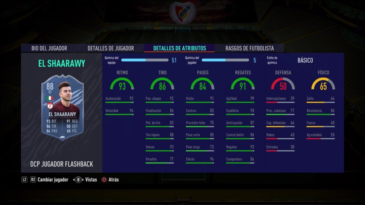 Stats in game de El Shaarawy Flashback. FIFA 21 Ultimate Team