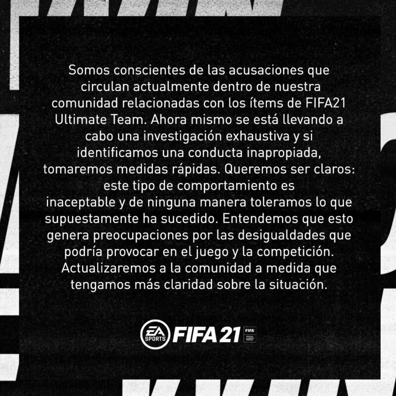FIFA 21 Ultimate Team comunicado oficial tras la revelación del supuesto mercado negro creado por uno o varios emplados de EA Sports #EAGATE