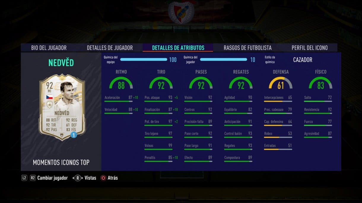 Stats in game de Nedved Moments. FIFA 21 Ultimate Team Icono SBC
