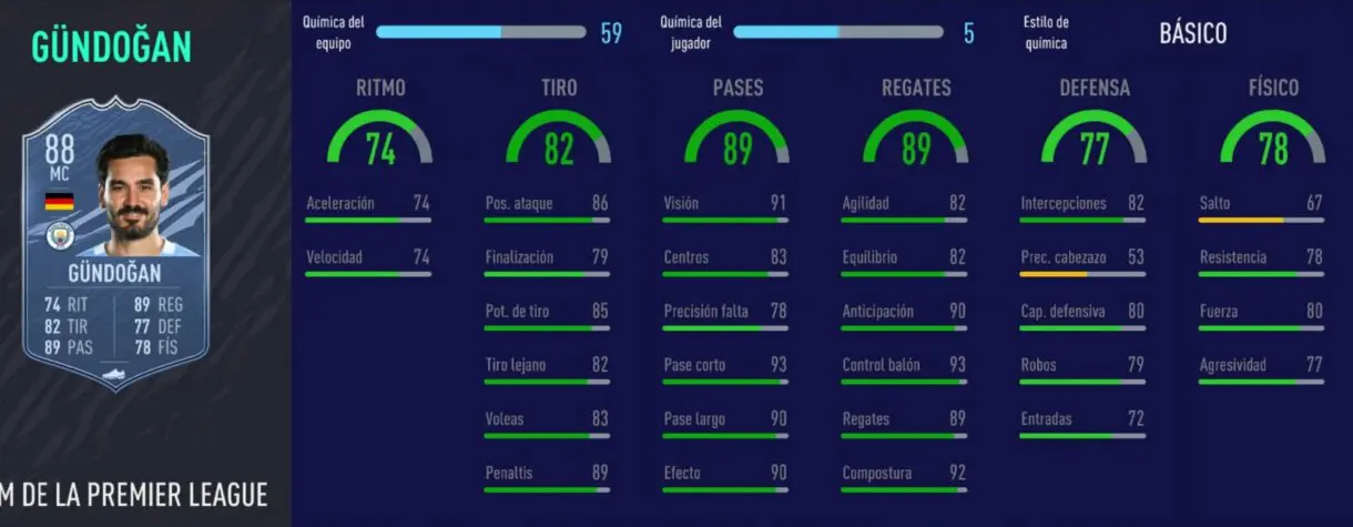 Stats in game de Ilkay Gündogan SPOTM. FIFA 21 Ultimate Team