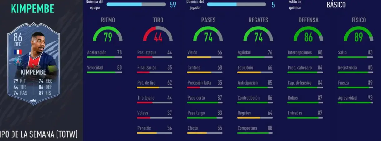 FIFA 21 Ultimate Team plantilla competitiva para FUT Champions y Division Rivals stats in game de Kimpembe SIF