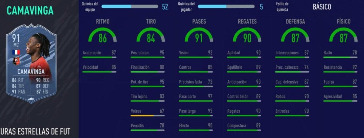 Estadísticas dentro del juego de FIFA 21 Ultimate Team por Camavinga Future Stars