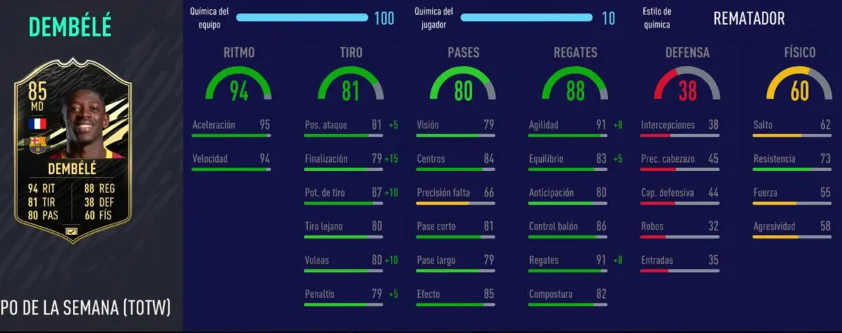 FIFA 21 Ultimate Team Liga Santander mejores extremos derechos stats in game de Dembélé IF