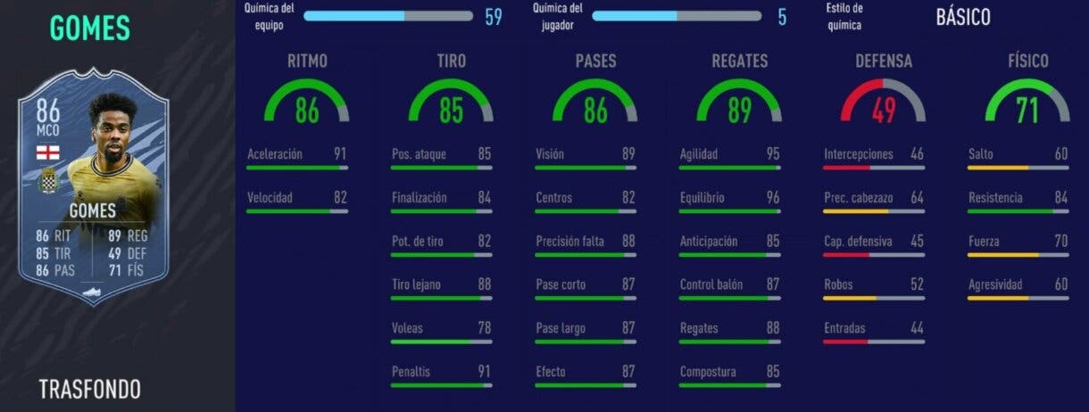 FIFA 21 Ultimate Team Recompensas Trasfondo temporada 5 nivel 15. Stats in game Angel Gomes análisis