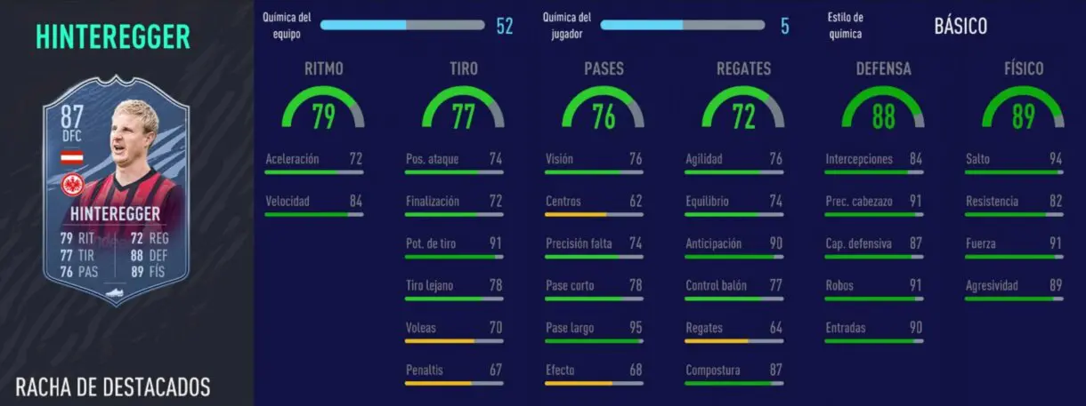 FIFA 21 Ultimate Team cartazas competitivas y baratas, por menos de 100.000 monedas. Stats in game de Hinteregger Headliners