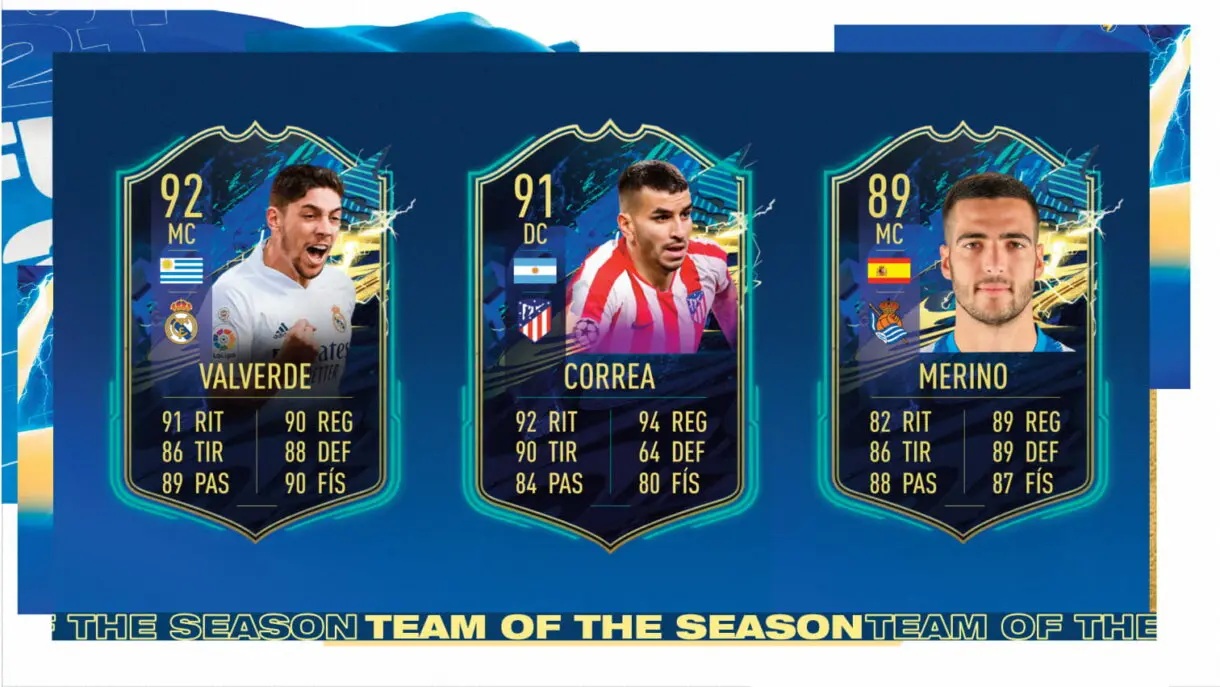FIFA 21 Ultimate Team TOTS Liga Santader candidatos al Equipo de la Temporada de la Comunidad Valverde, Correa y Merino predicción medias y stats