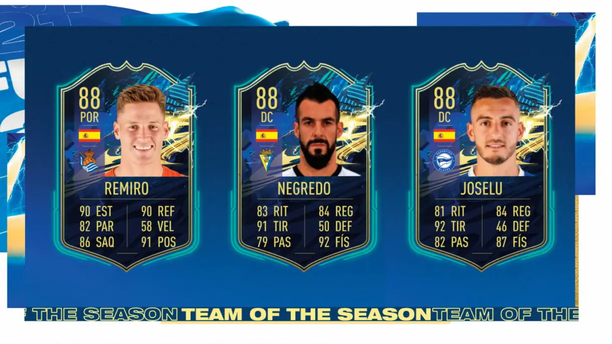 FIFA 21 Ultimate Team TOTS Liga Santader candidatos al Equipo de la Temporada de la Comunidad Remiro, Negredo y Joselu predicción medias y stats