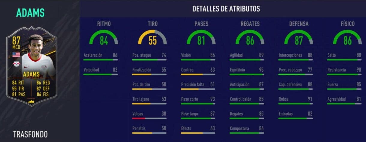 FIFA 21 Ultimate Team cartas Trasfondo nivel 15, 6 temporada. Stats in game de Adams