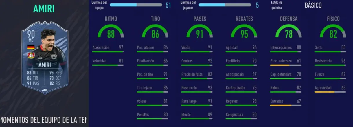 Stats in game de Amiri TOTS Moments. FIFA 21 Ultimate Team