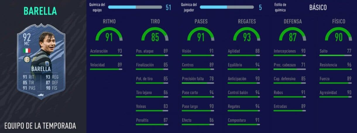 Stats in game de Barella TOTS. FIFA 21 Ultimate Team