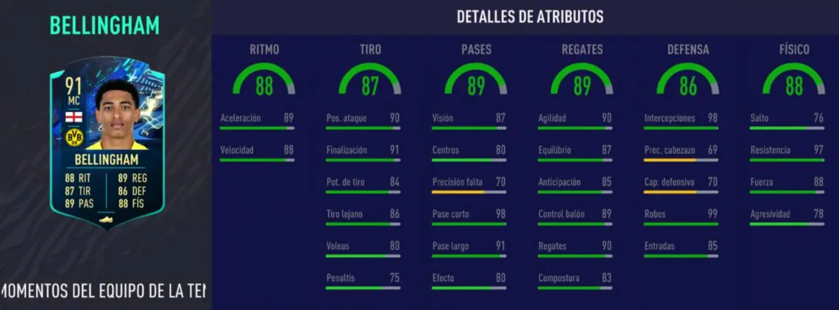 Stats in game de Bellingham TOTS Moments. FIFA 21 Ultimate Team