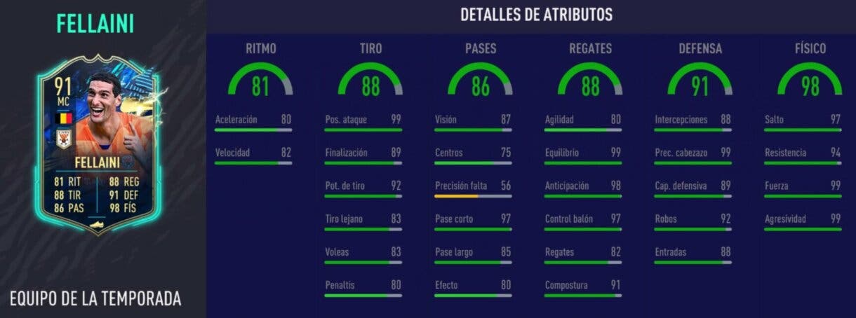 Stats in game de Fellaini TOTS. FIFA 21 Ultimate Team