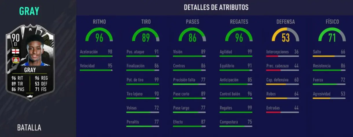FIFA 21 Ultimate Team. Stats in game de Gray Showdown.