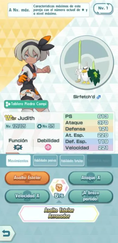Pokemon Masters EX Judith y Sirfetch'd datos