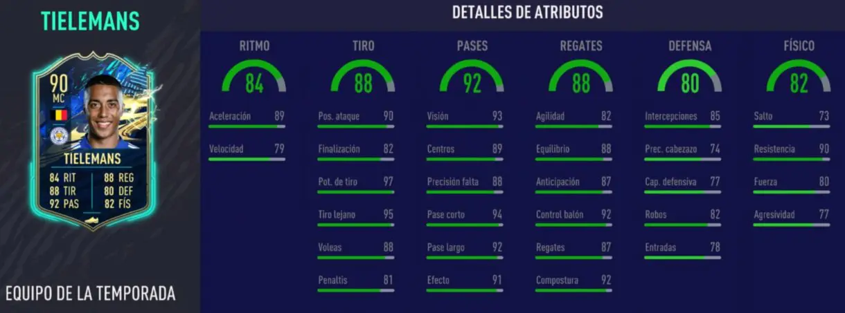 Stats in game de Tielemans TOTS. FIFA 21 Ultimate Team