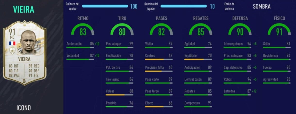 Stats in game de Vieira Prime. FIFA 21 Ultimate Team review Icon Swaps