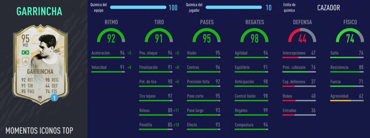 Stats in game de Garrincha Moments Icono SBC review