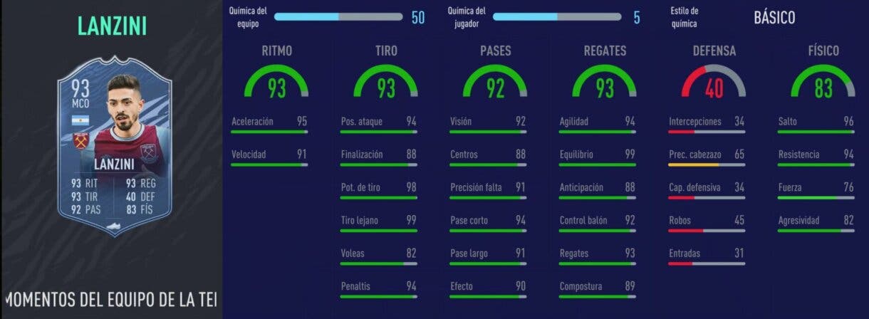Stats in game de Manuel Lanzini TOTS Moments. FIFA 21 Ultimate Team
